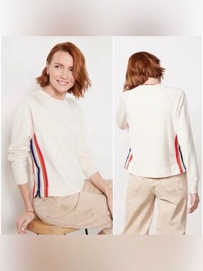 Evereve Taylor Striped Trim Crew Neck Sweatshirt Oatmeal Tan Preppy Casual XS